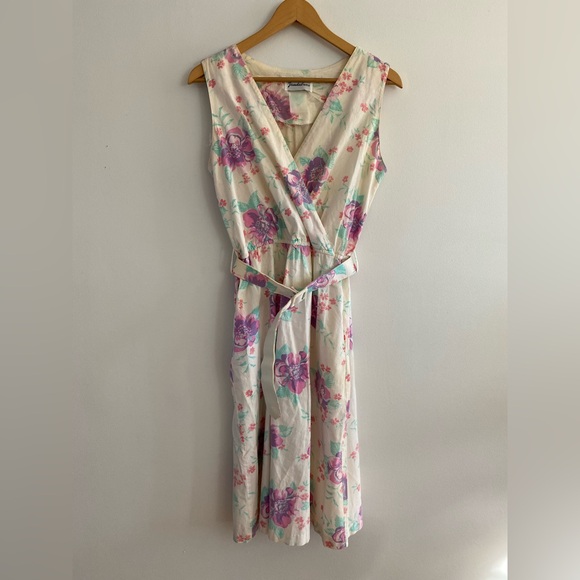 Vintage Floral Midi Dress - Cream and Purple - Picture 1 of 7